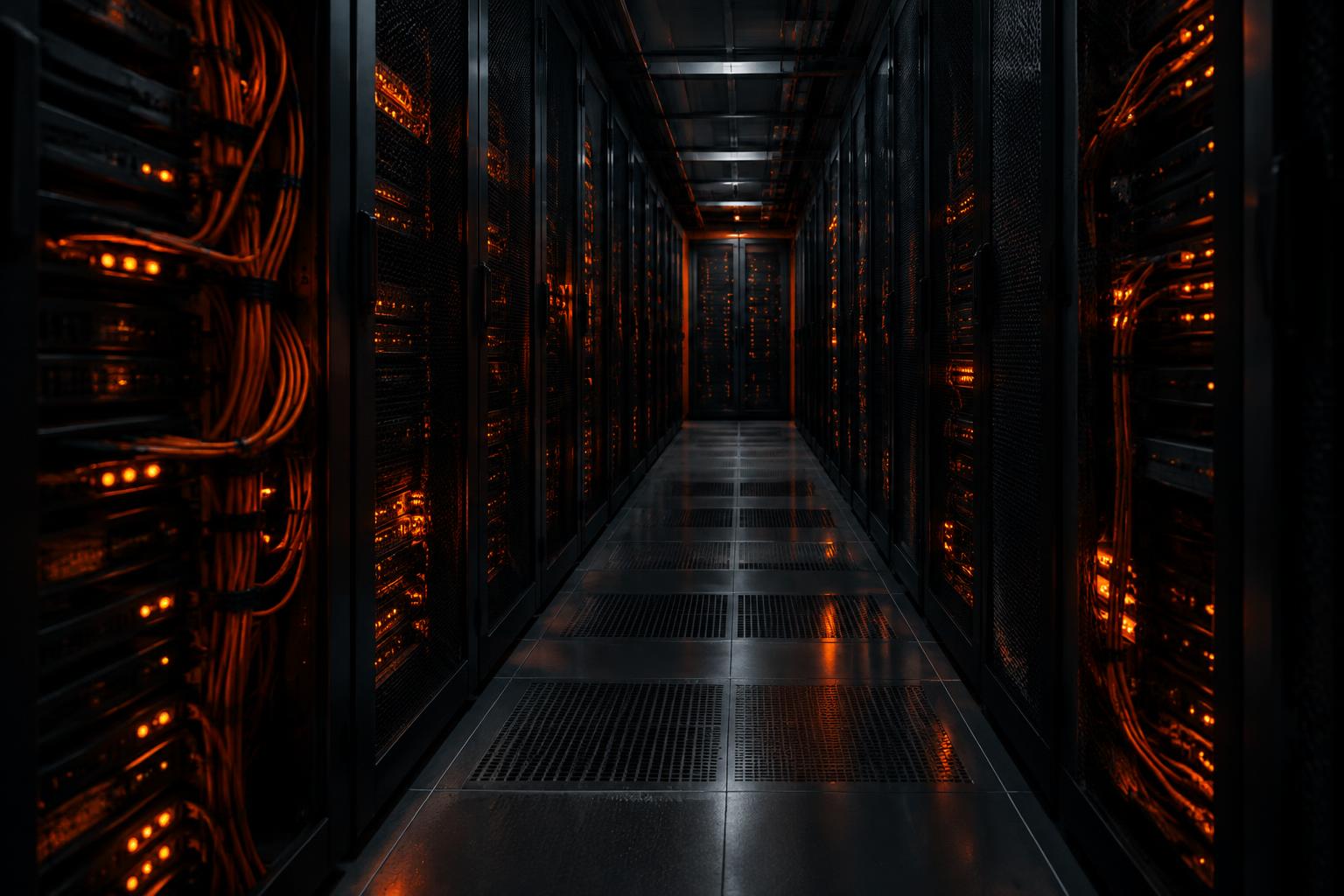 Data centre corridor with server racks and orange status lights