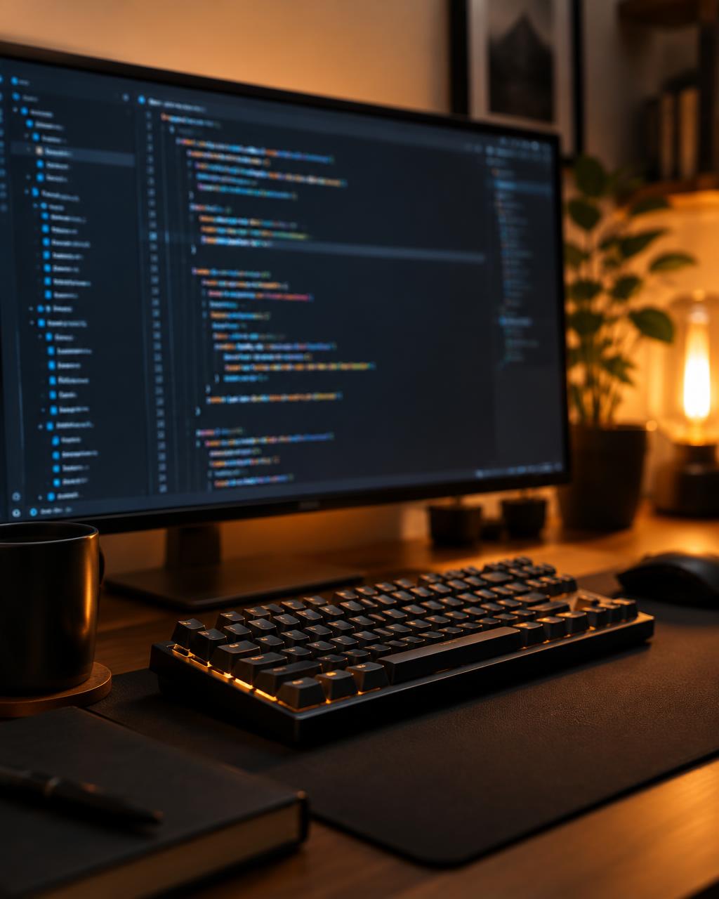 Developer workstation with code editor and keyboard